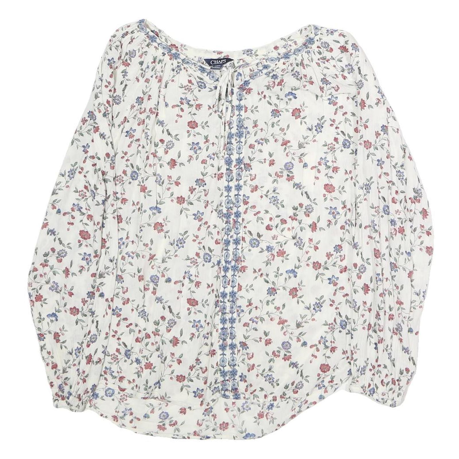 CHAPS Womens White Floral Printed Long Sleeve Peasant Top S Cotton Casual Refurbished - N/A refurbished available on Cerqular