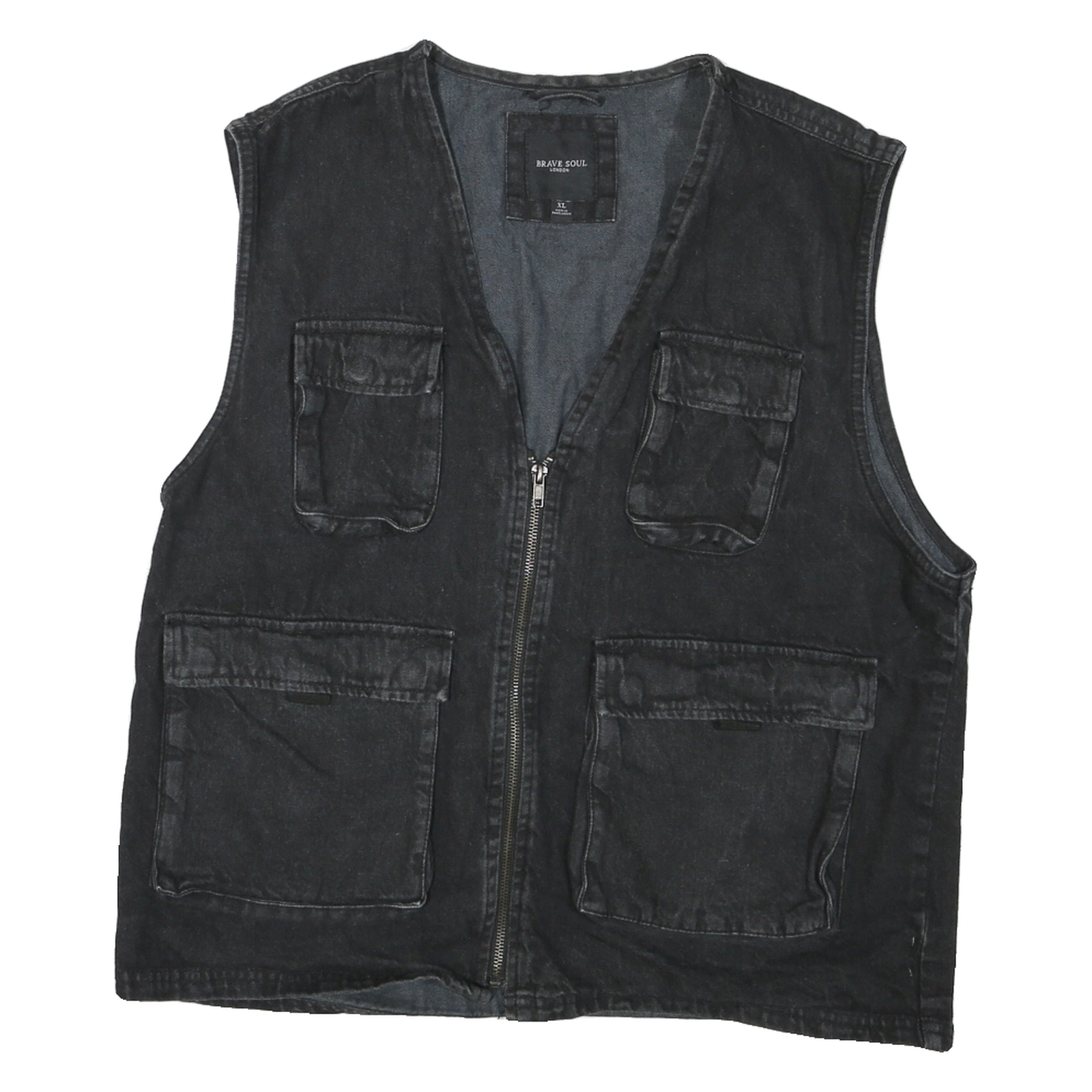 BRAVE SOUL Mens Black Cotton Jacket XL Zip Plain Utility Vest Pockets Refurbished - N/A refurbished available on Cerqular