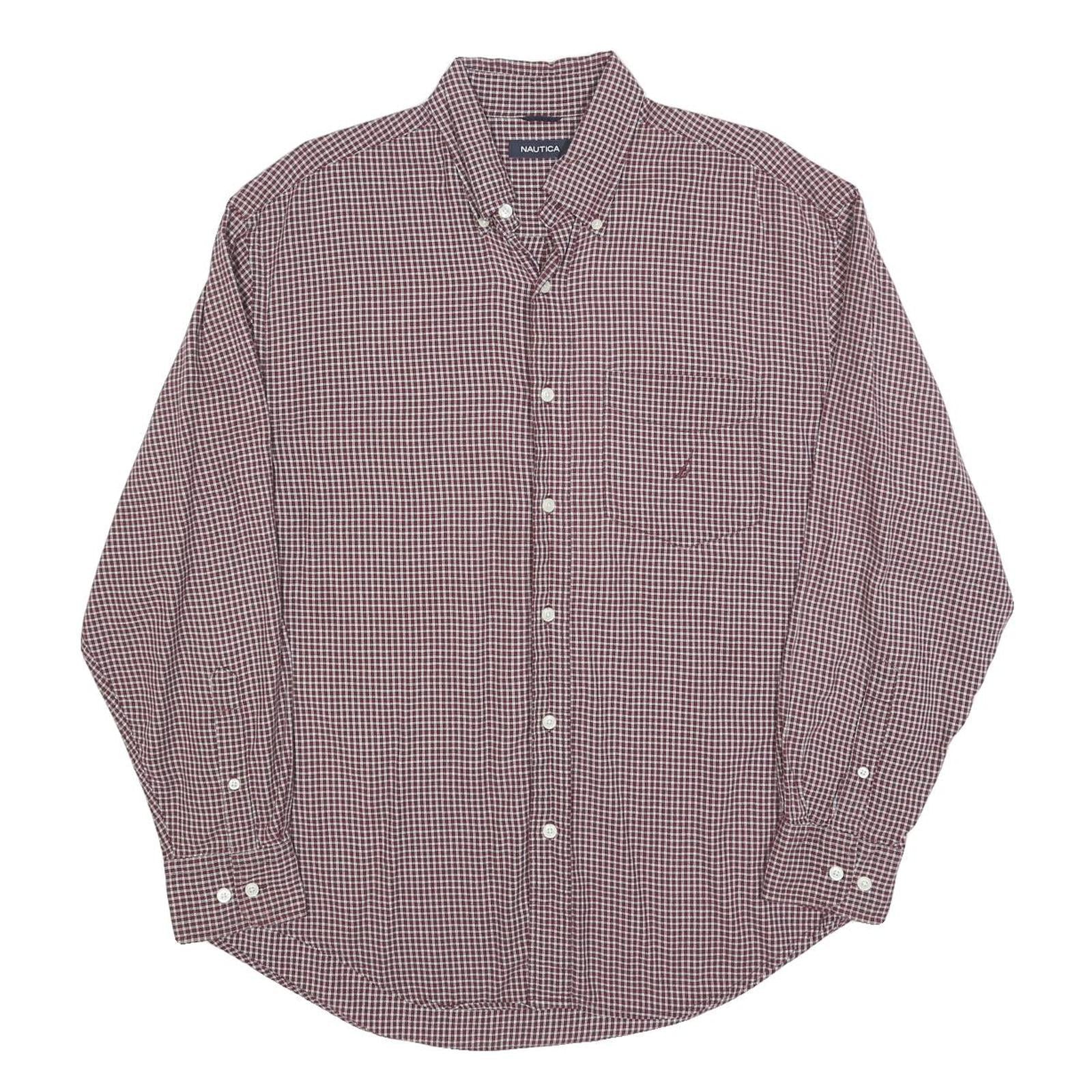 NAUTICA Mens Maroon & White Check Shirt L Button Down Cotton Blend Casual Refurbished - N/A refurbished available on Cerqular