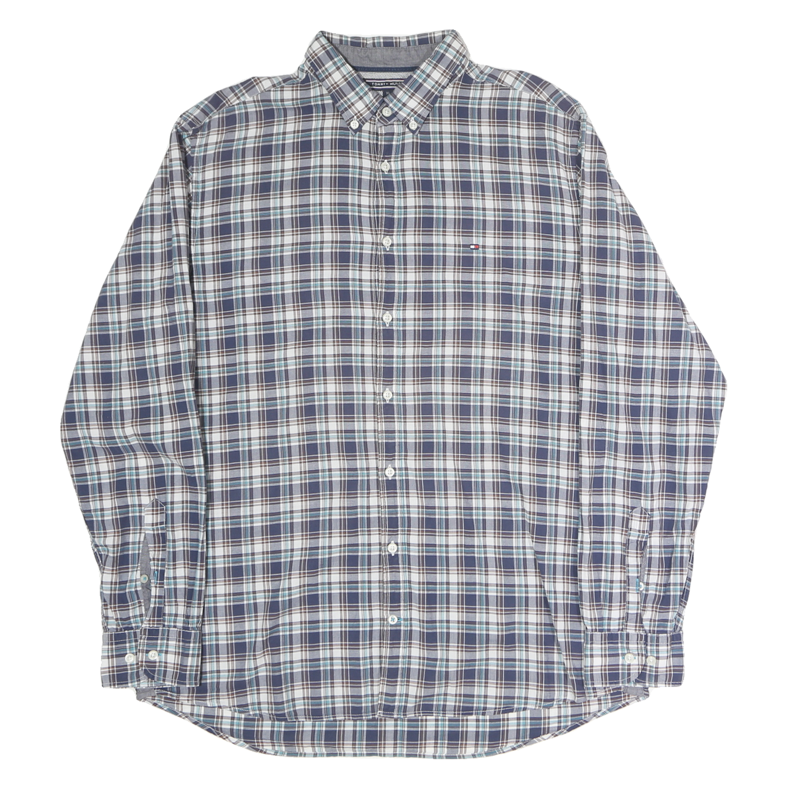 TOMMY HILFIGER Mens Blue & Brown Check Shirt XL Button Down Casual Cotton Refurbished - N/A refurbished available on Cerqular