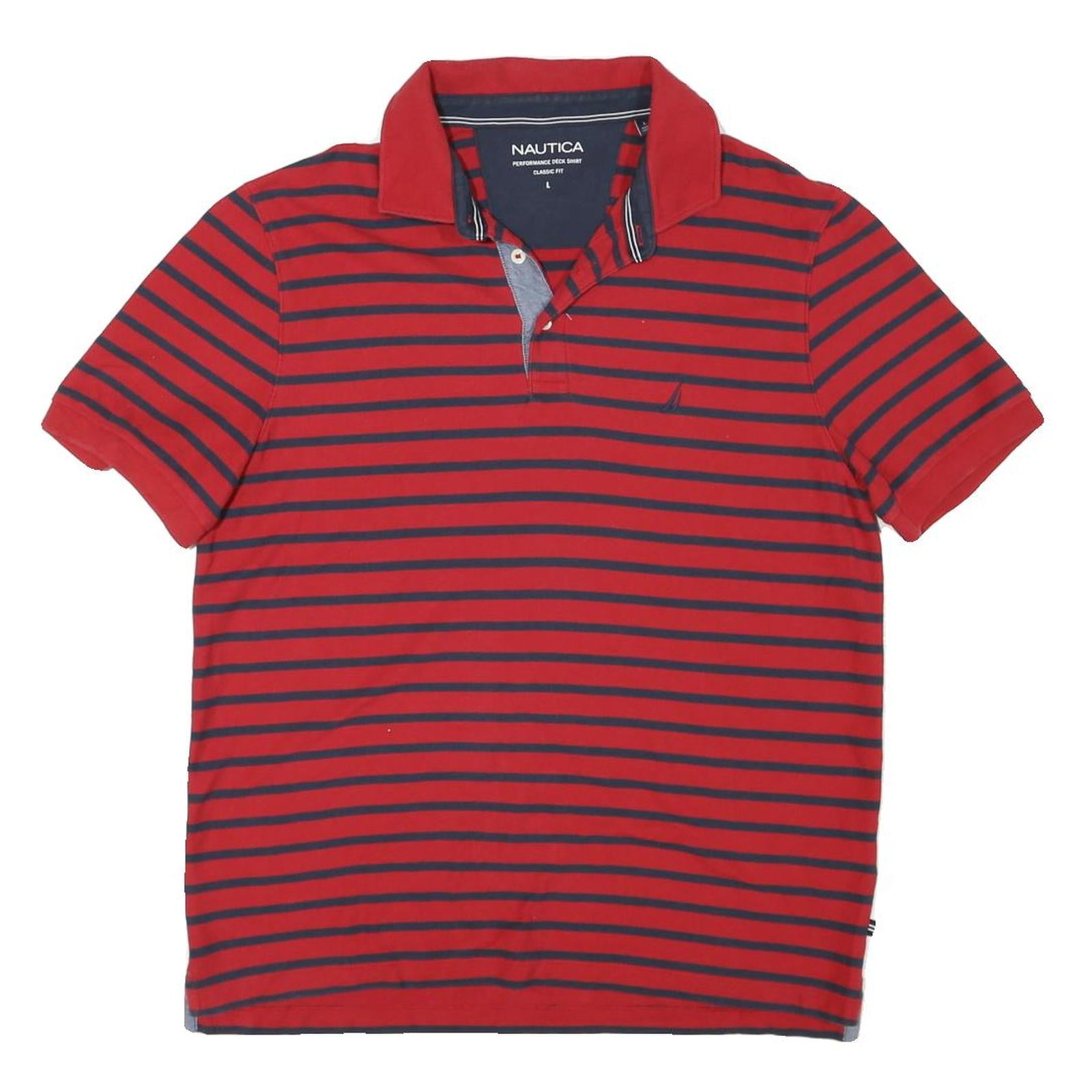 NAUTICA Mens Red & Navy Striped Short Sleeve Polo Shirt L Classic Fit Cotton Refurbished - N/A refurbished available on Cerqular
