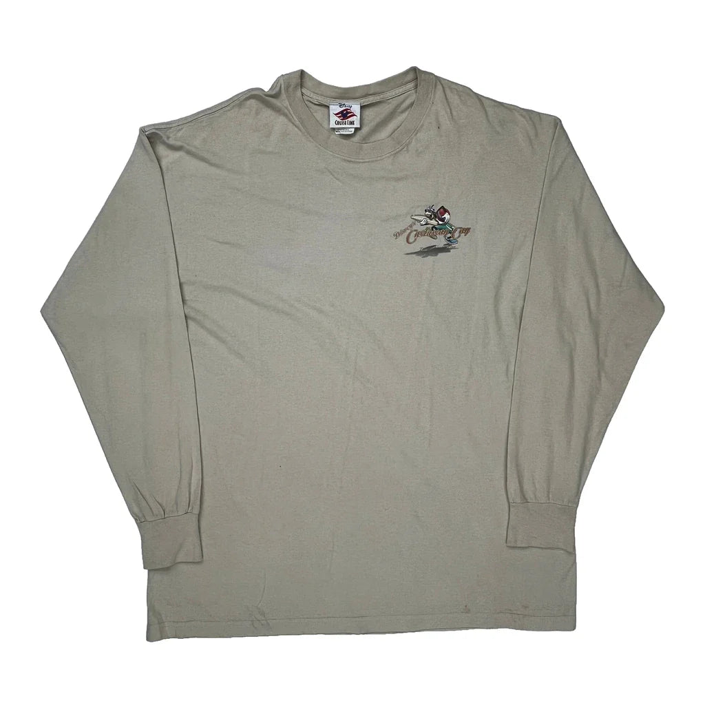 Castaway Cay Disney Cartoon Long Sleeve T-Shirt - XL Beige Cotton Refurbished - Thrifted (note: this is a term often used to describe second- refurbished available on Cerqular