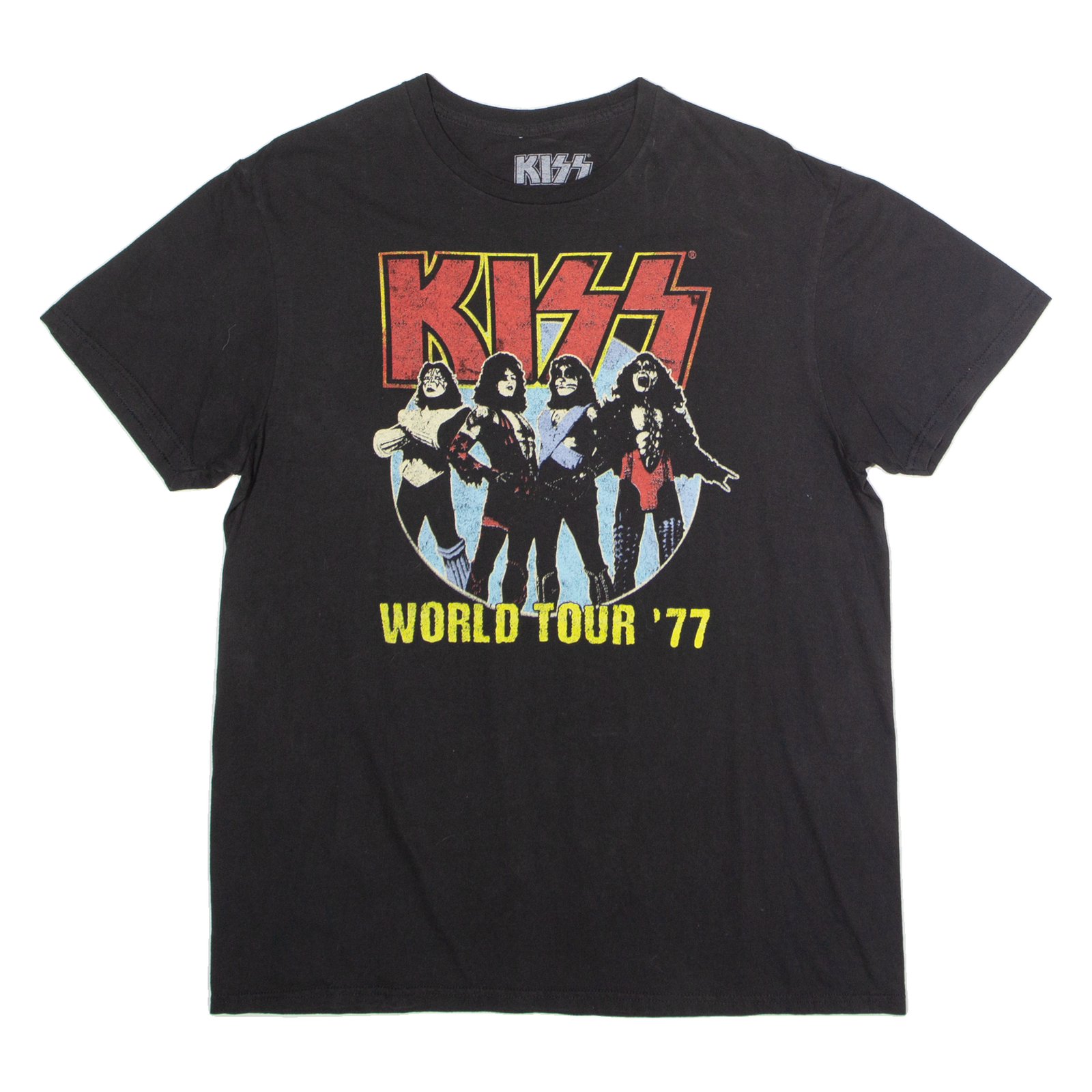KISS World Tour '77 Mens Band T-Shirt Black Crew Neck L Refurbished - N/A refurbished available on Cerqular