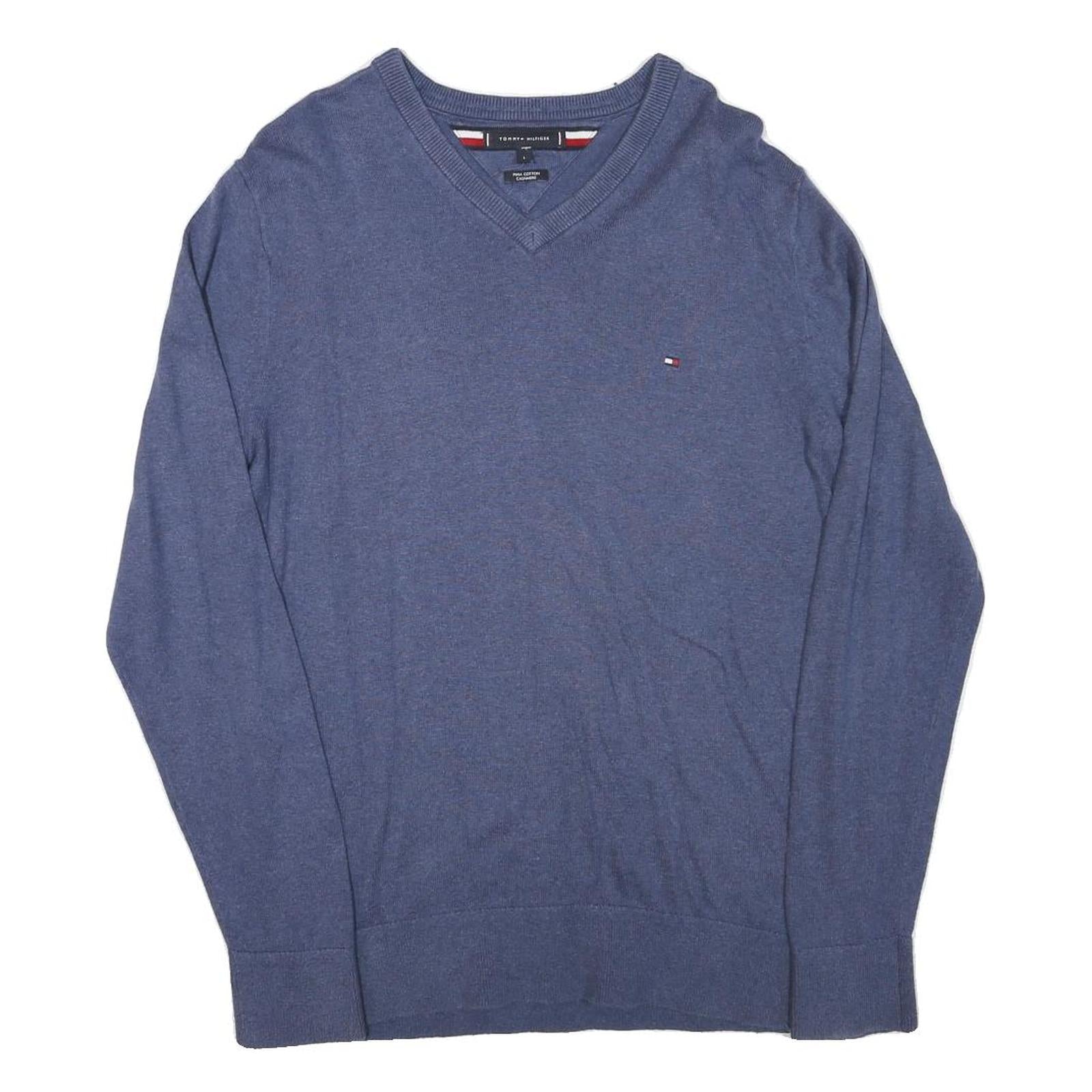 TOMMY HILFIGER Mens Blue Plain V-Neck Basic Knit Jumper L Cotton Blend Classic Refurbished - N/A refurbished available on Cerqular