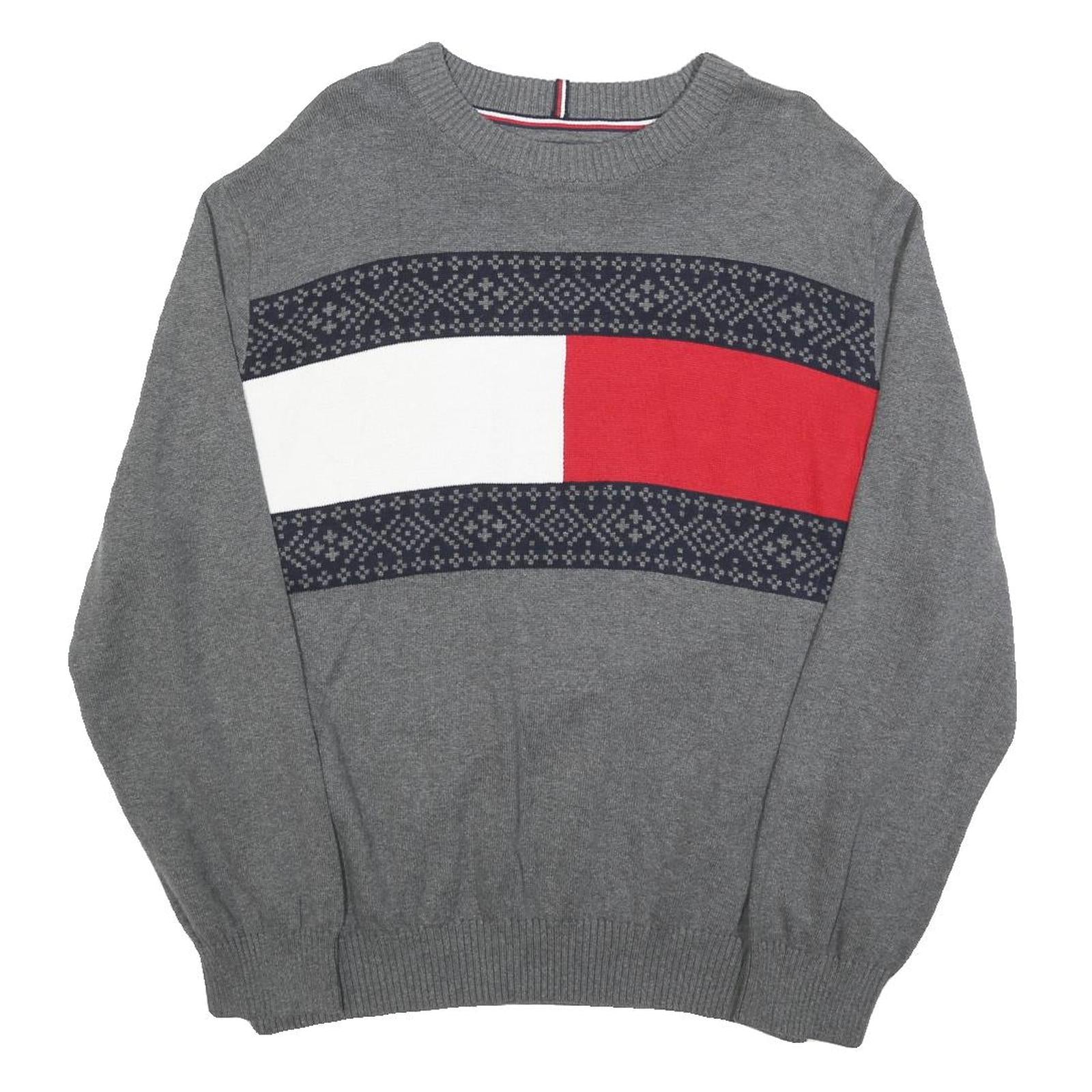 TOMMY HILFIGER Mens Grey Red & White Patterned Crew Neck Jumper Cotton Blend 2XL Refurbished - N/A refurbished available on Cerqular