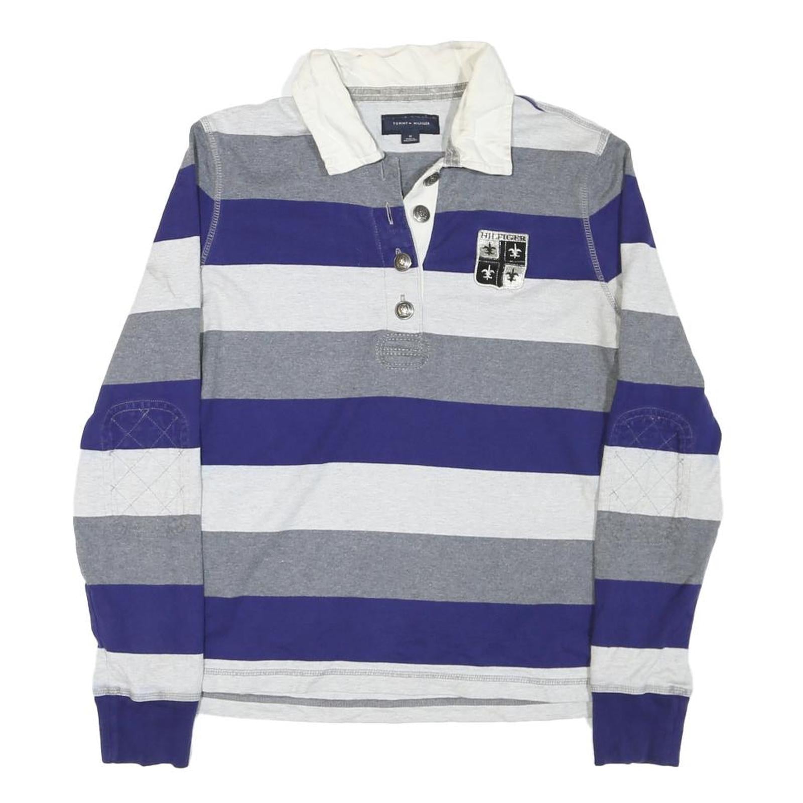 TOMMY HILFIGER Womens Blue Grey & White Striped Long Sleeve Polo Shirt M Cotton Refurbished - N/A refurbished available on Cerqular