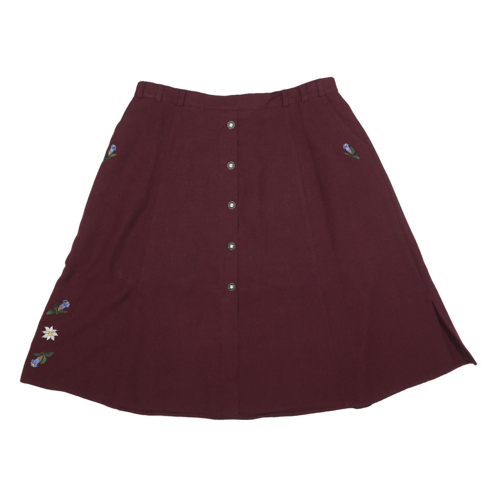 Womens Maroon Button Front Floral Embroidered A-Line Knee Length Linen Blend Refurbished - N/A refurbished available on Cerqular