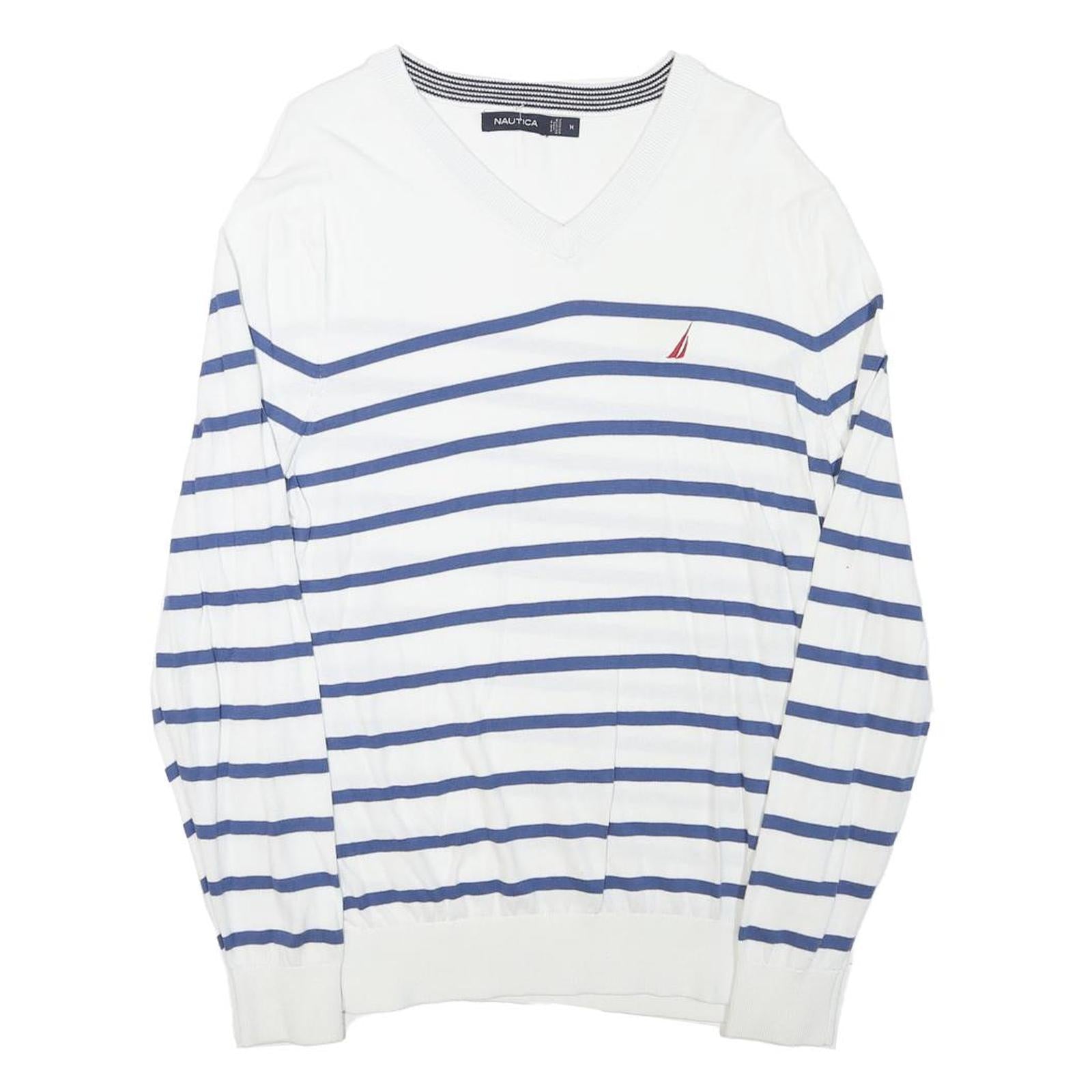 NAUTICA Mens White & Blue Striped Classic V-Neck Cotton Blend Jumper M Crew Neck Refurbished - N/A refurbished available on Cerqular