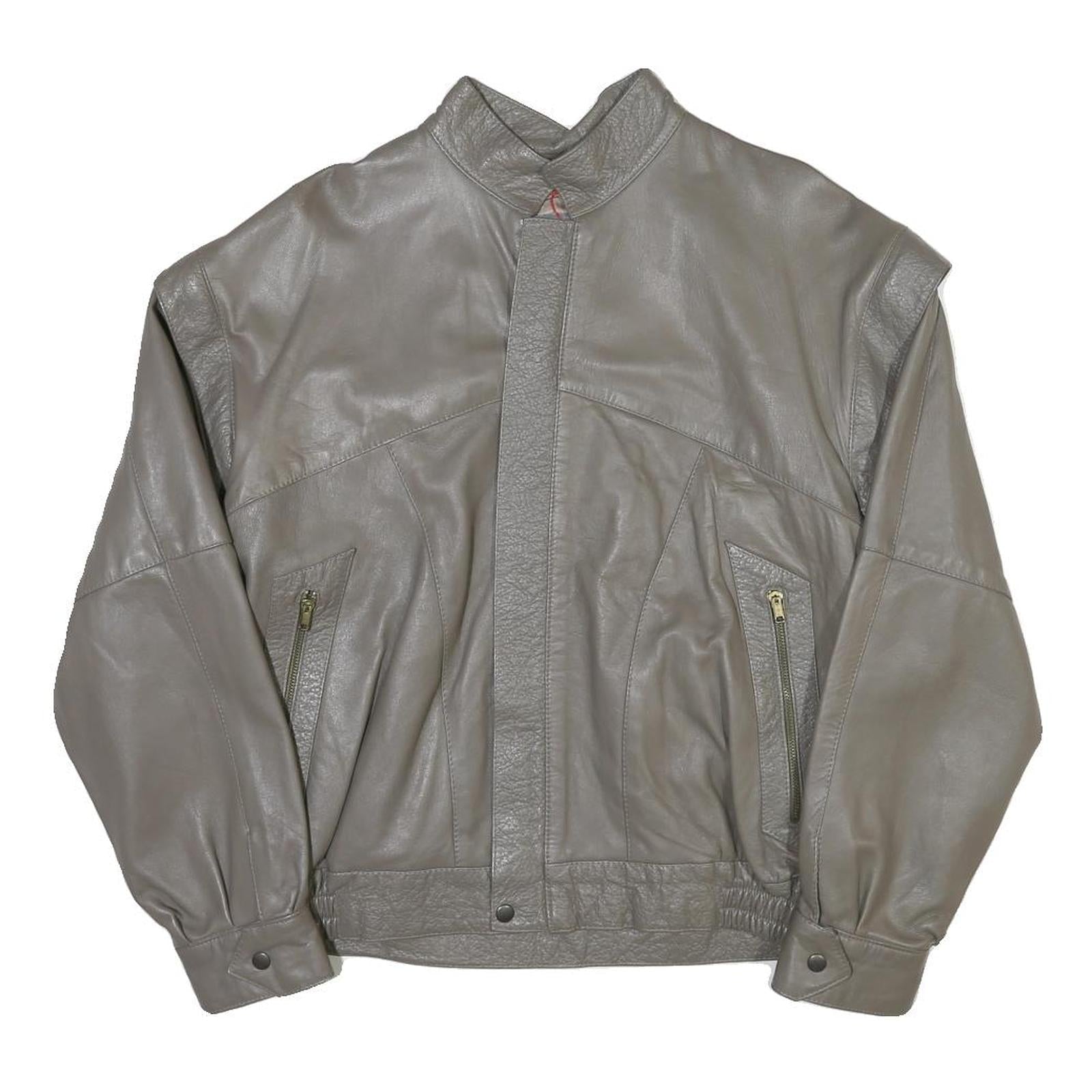 Mens Grey Leather Bomber Jacket M Smooth Plain Zipped Pockets Style Refurbished - N/A refurbished available on Cerqular