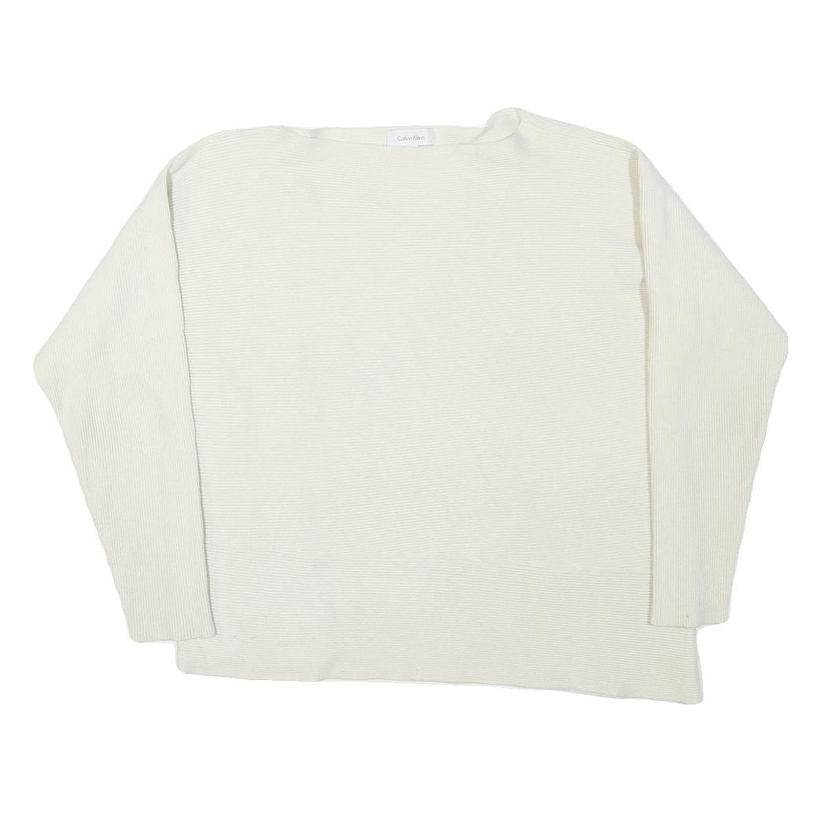 CALVIN KLEIN Womens White Plain Cotton Blend Jumper Crew Neck Basic Knit M Refurbished - N/A refurbished available on Cerqular