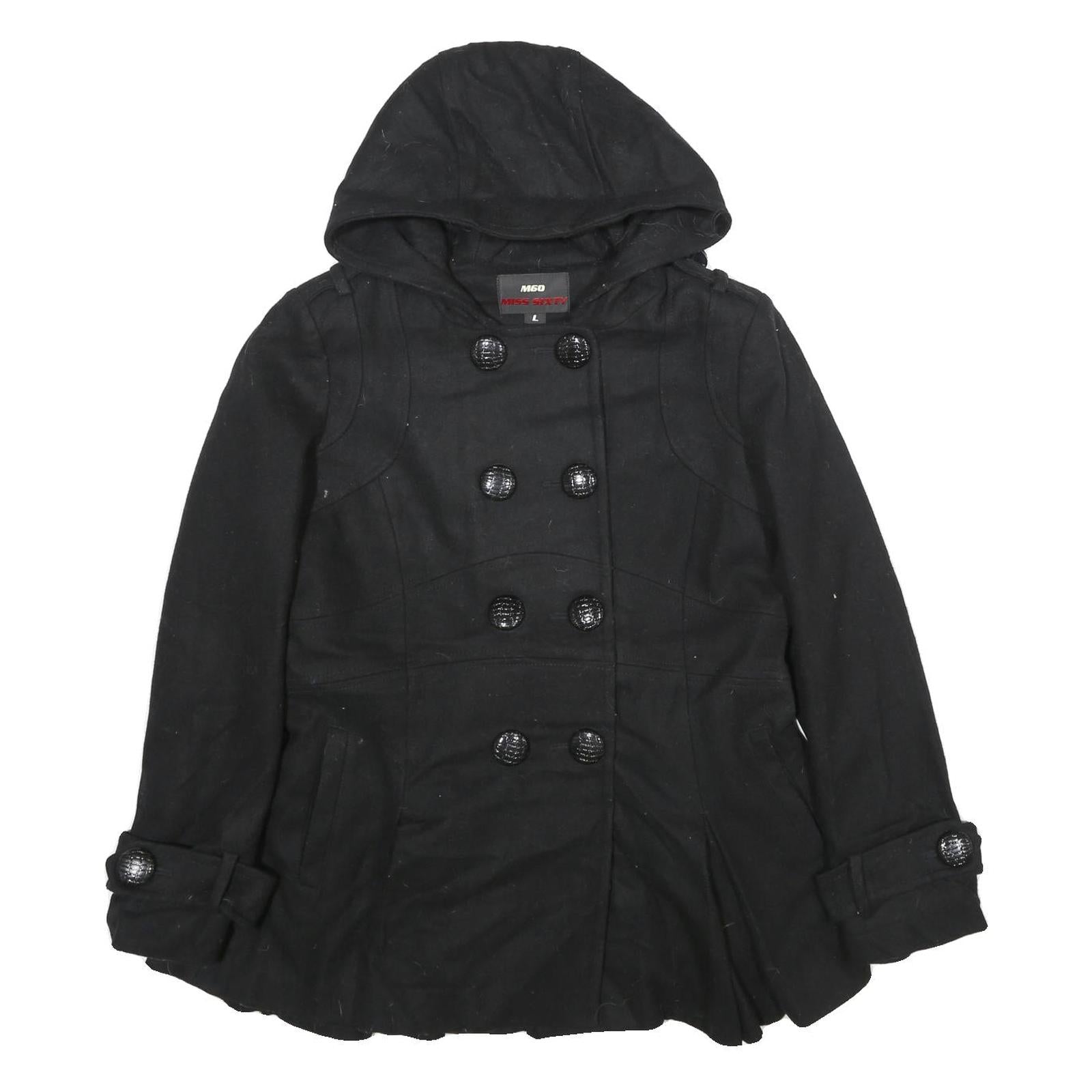 MISS SIXTY Y2K Womens Black Wool Blend Pea Jacket L Button Hooded Classic Refurbished - N/A refurbished available on Cerqular