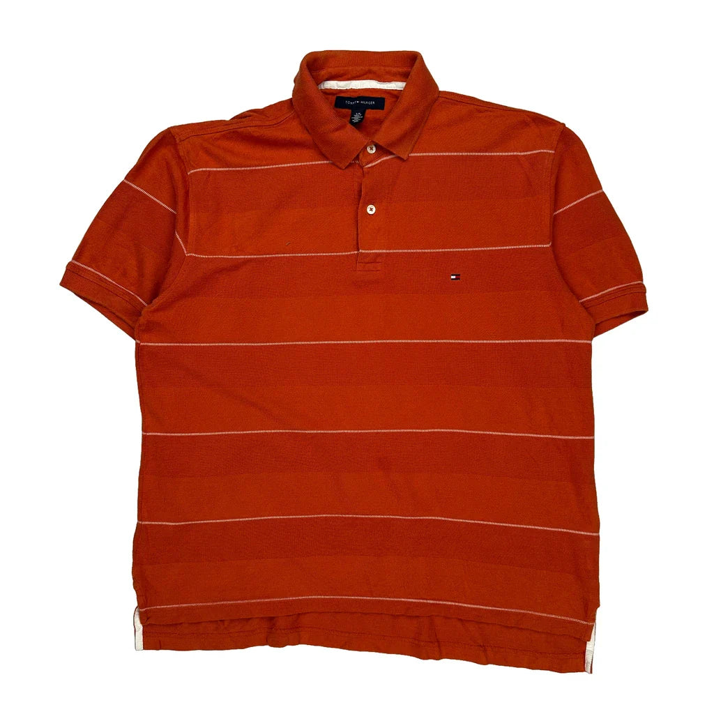 Tommy Hilfiger Striped Polo Shirt - Large Orange Cotton Refurbished - Thrifted (note: this is a term often used to describe second- refurbished available on Cerqular