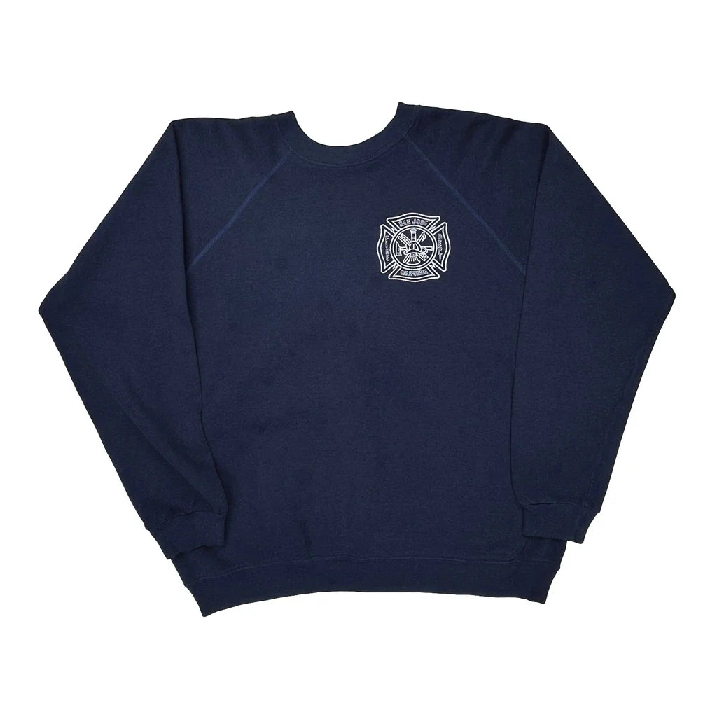 Hanes Graphic Sweatshirt - Large Navy Cotton Blend Refurbished - Thrifted (note: this is a term often used to describe second- refurbished available on Cerqular