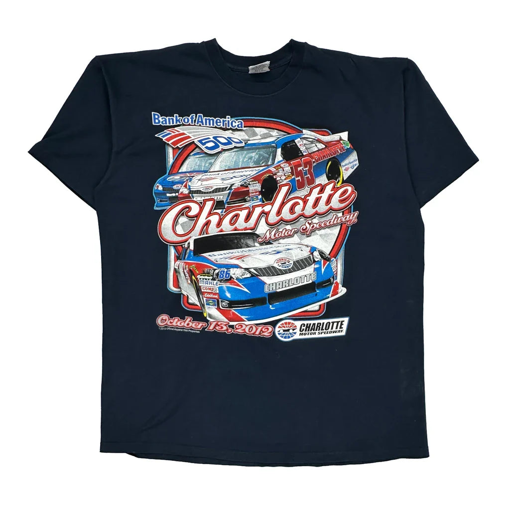 Made In USA Charlotte Motor Speedway Jensen Nascar T-Shirt - 2XL Navy Cotton Refurbished - Thrifted (note: this is a term often used to describe second- refurbished available on Cerqular