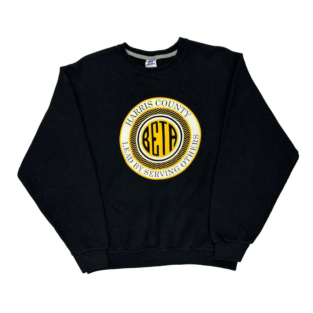 Harris County Russell Athletic College Sweatshirt - Medium Black Cotton Blend Refurbished - Thrifted (note: this is a term often used to describe second- refurbished available on Cerqular