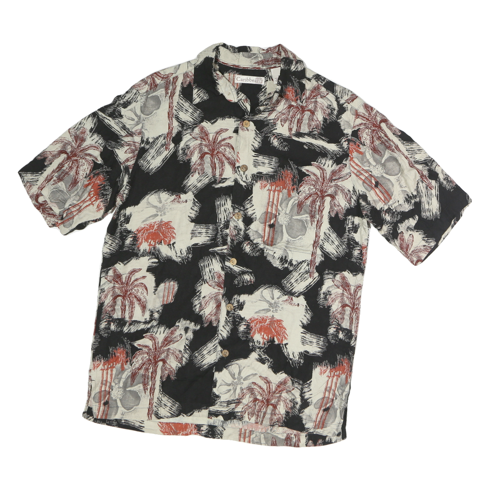 CARRIBEAN Mens Black & Cream Red Palm Tree Print Cotton Shirt S Casual Holiday Refurbished - N/A refurbished available on Cerqular