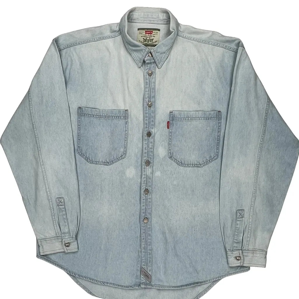 Levis Denim Shirt - XL Light Wash Cotton Refurbished - Thrifted (note: this is a term often used to describe second- refurbished available on Cerqular
