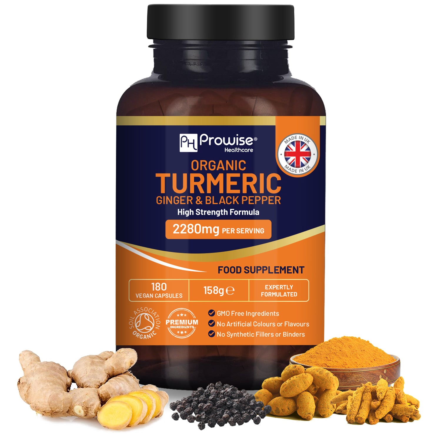 Organic Turmeric with Ginger and Black Pepper 2280mg (High Strength) | 180 Vegan Turmeric Capsules with Active Ingredient Curcumin I Soil Association Approved Refurbished - Prowise Healthcare refurbished available on Cerqular