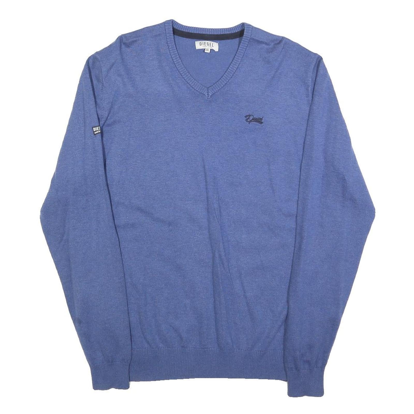DIESEL Mens Blue Plain V-Neck Basic Knit Pullover Jumper 2XL Cotton Blend Refurbished - N/A refurbished available on Cerqular