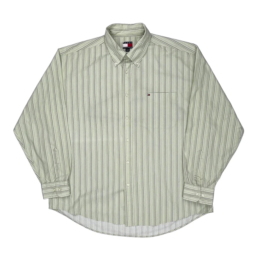 Tommy Hilfiger Striped Shirt - XL Green Cotton Refurbished - Thrifted (note: this is a term often used to describe second- refurbished available on Cerqular