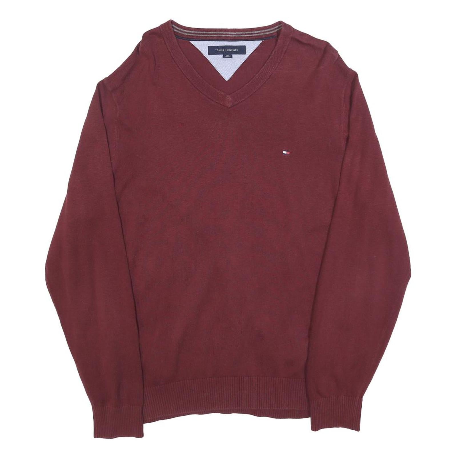 TOMMY HILFIGER Mens Maroon Plain V-Neck Basic Knit Jumper L Cotton Blend Classic Refurbished - N/A refurbished available on Cerqular