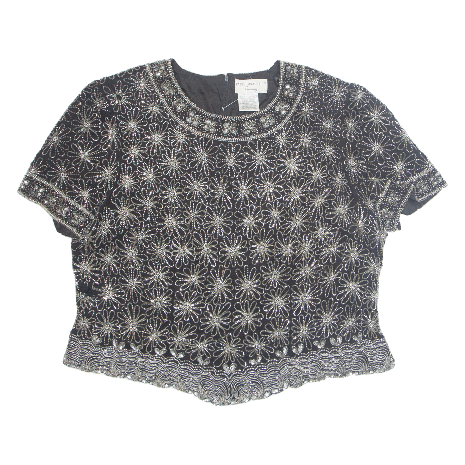 PAPELL BOUTIQUE Beaded Womens Printed Top Black Silk Floral XL Refurbished - N/A refurbished available on Cerqular