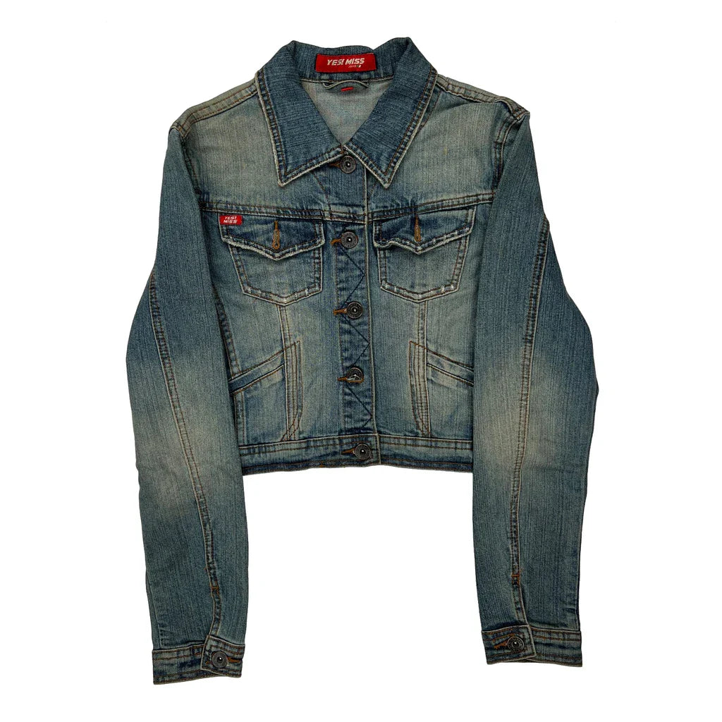Yes Miss Cropped Denim Jacket - Medium Light Wash Denim Refurbished - Thrifted (note: this is a term often used to describe second- refurbished available on Cerqular
