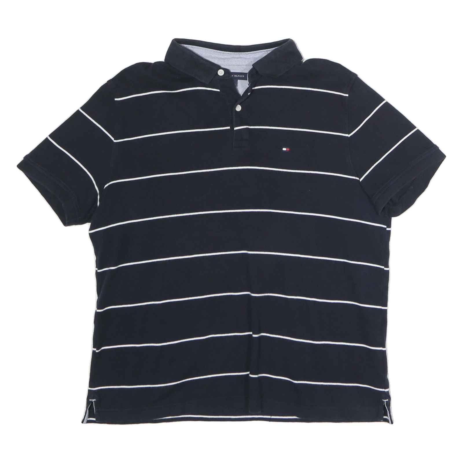 TOMMY HILFIGER Mens Navy Blue & White Striped Short Sleeve Polo Shirt L Classic Refurbished - N/A refurbished available on Cerqular
