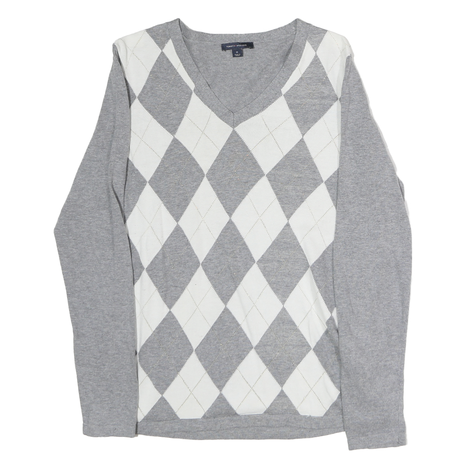 TOMMY HILFIGER Womens Grey & White Patterned Cotton Jumper V-Neck Basic Knit M Refurbished - N/A refurbished available on Cerqular