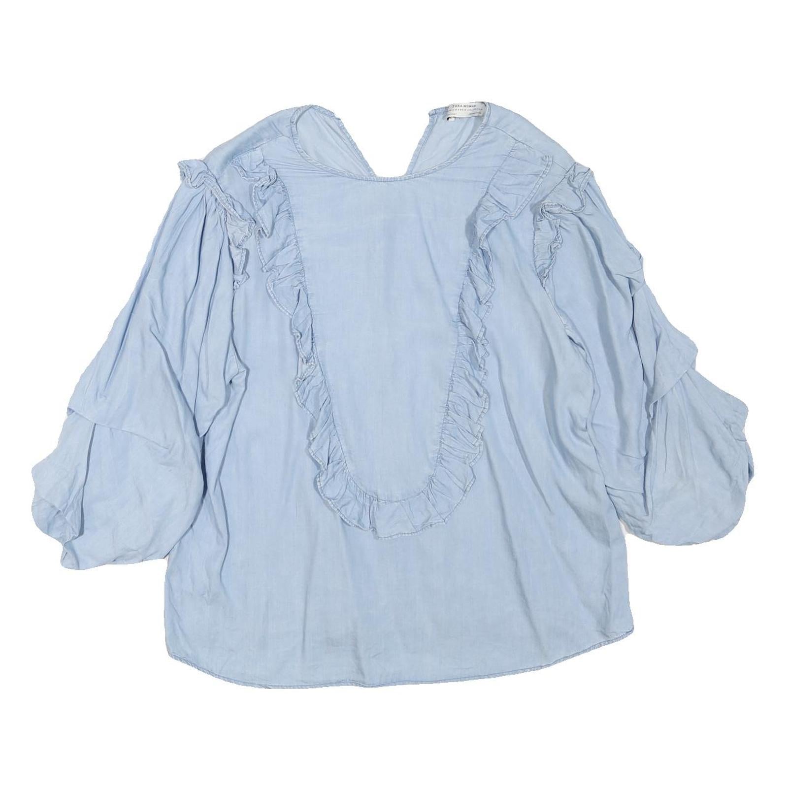 ZARA Womens Light Blue Ruffle Detail Blouse Long Sleeve V-Neck L Cotton Blend Refurbished - N/A refurbished available on Cerqular