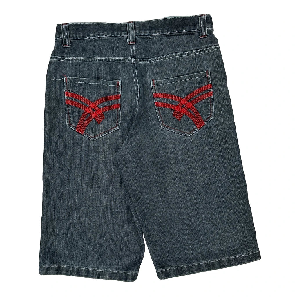 Raw Blue Denim Shorts - 34W 14L Dark Wash Cotton Refurbished - Thrifted (note: this is a term often used to describe second- refurbished available on Cerqular