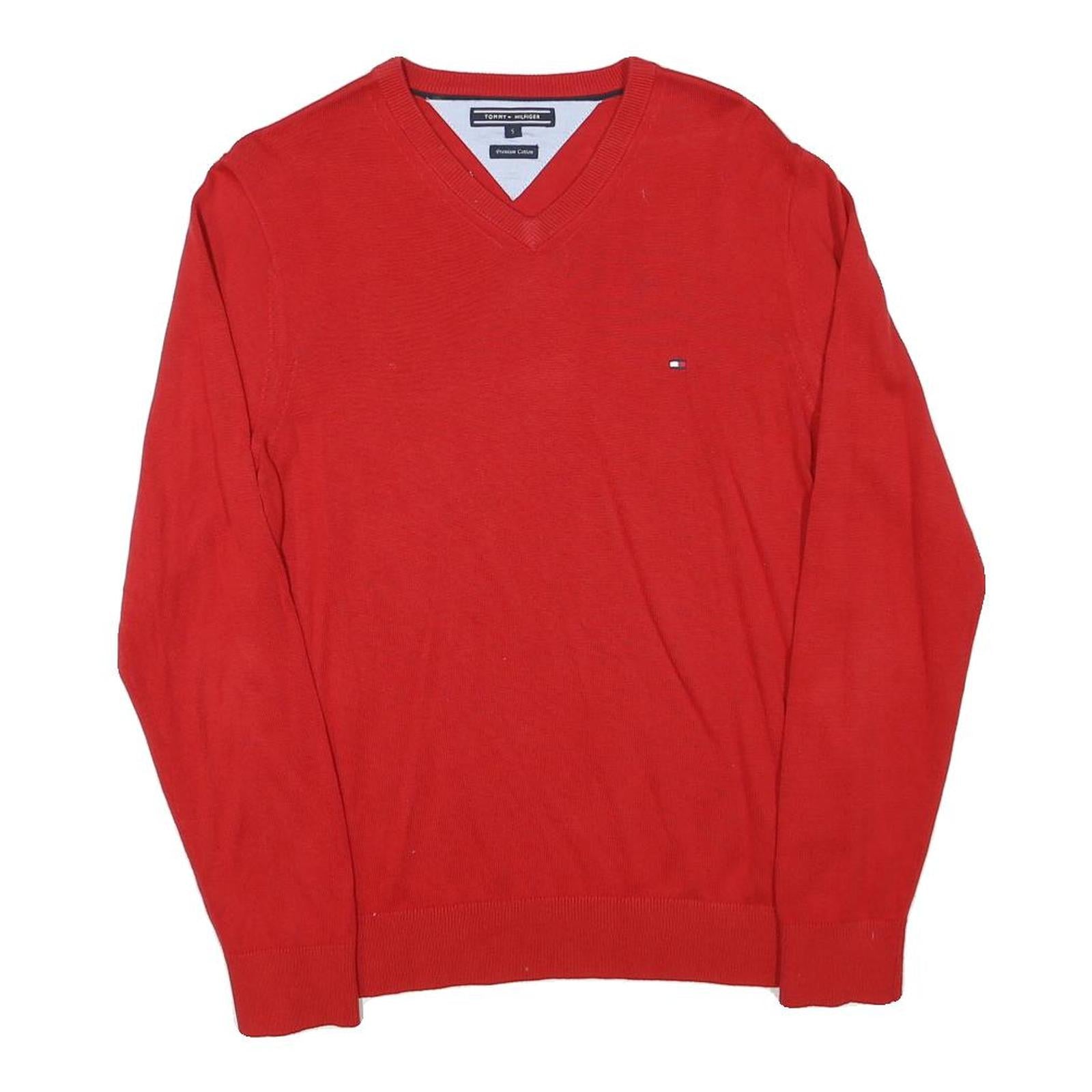 TOMMY HILFIGER Mens Red Plain V-Neck Basic Knit Jumper S Cotton Blend Light Refurbished - N/A refurbished available on Cerqular