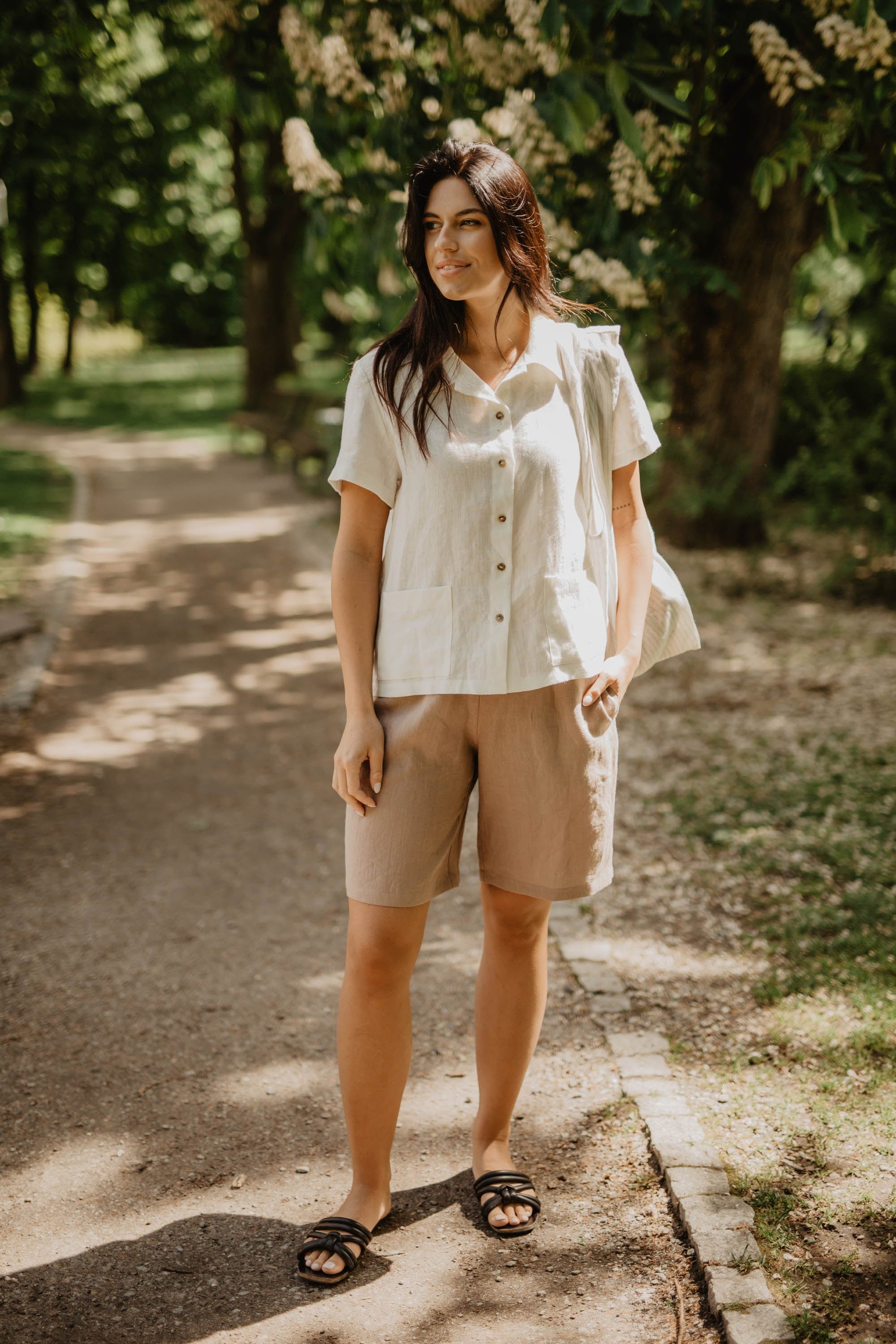 Matilda long linen shorts in Rosy Brown | Size: XL Refurbished - Amour Linen refurbished available on Cerqular