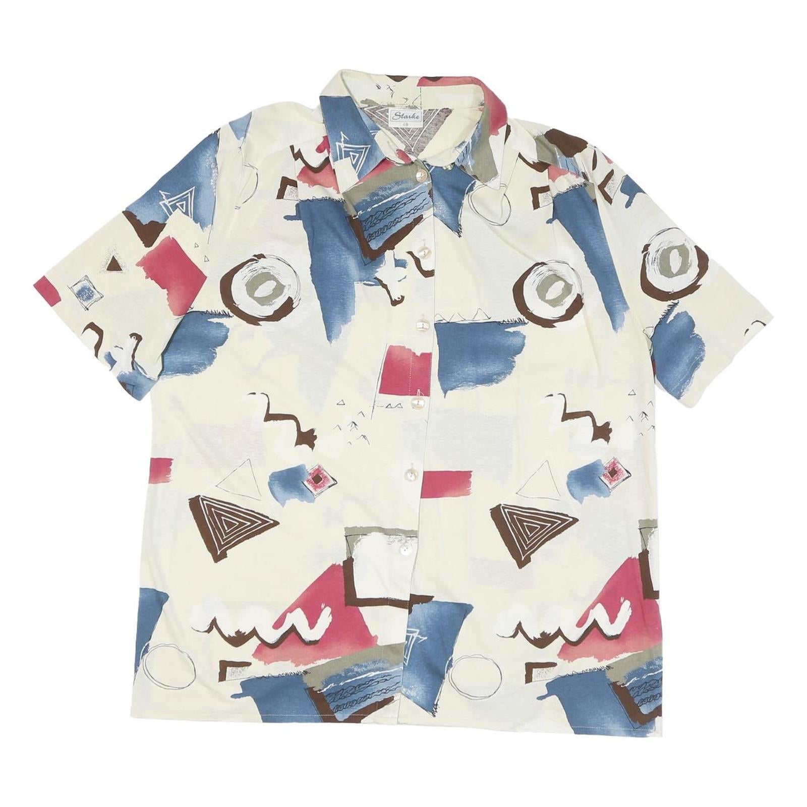 Womens Cream Blue & Brown Printed Shirt Short Sleeve Collared M Abstract Art Refurbished - N/A refurbished available on Cerqular