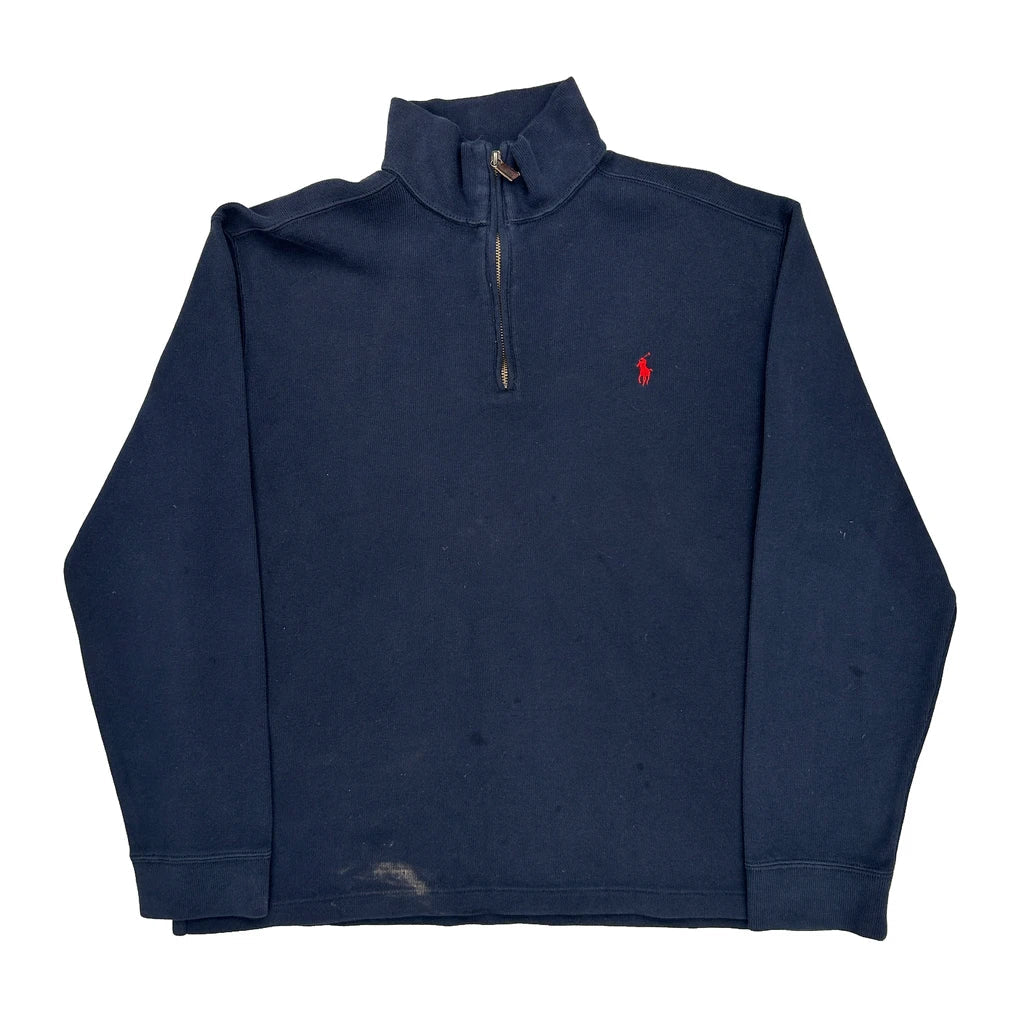 Polo By Ralph Lauren 1/4 Zip - Large Navy Cotton Refurbished - Thrifted (note: this is a term often used to describe second- refurbished available on Cerqular