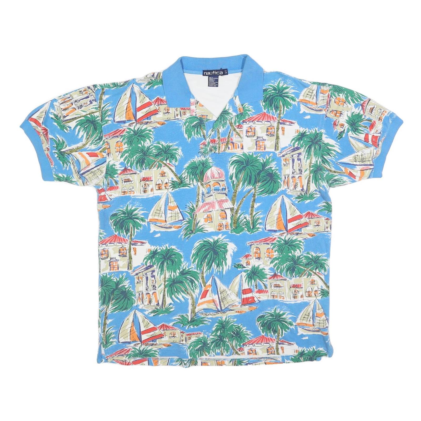 NAUTICA Mens Blue Cotton Blend Tropical Print Short Sleeve Polo Shirt L Casual Refurbished - N/A refurbished available on Cerqular