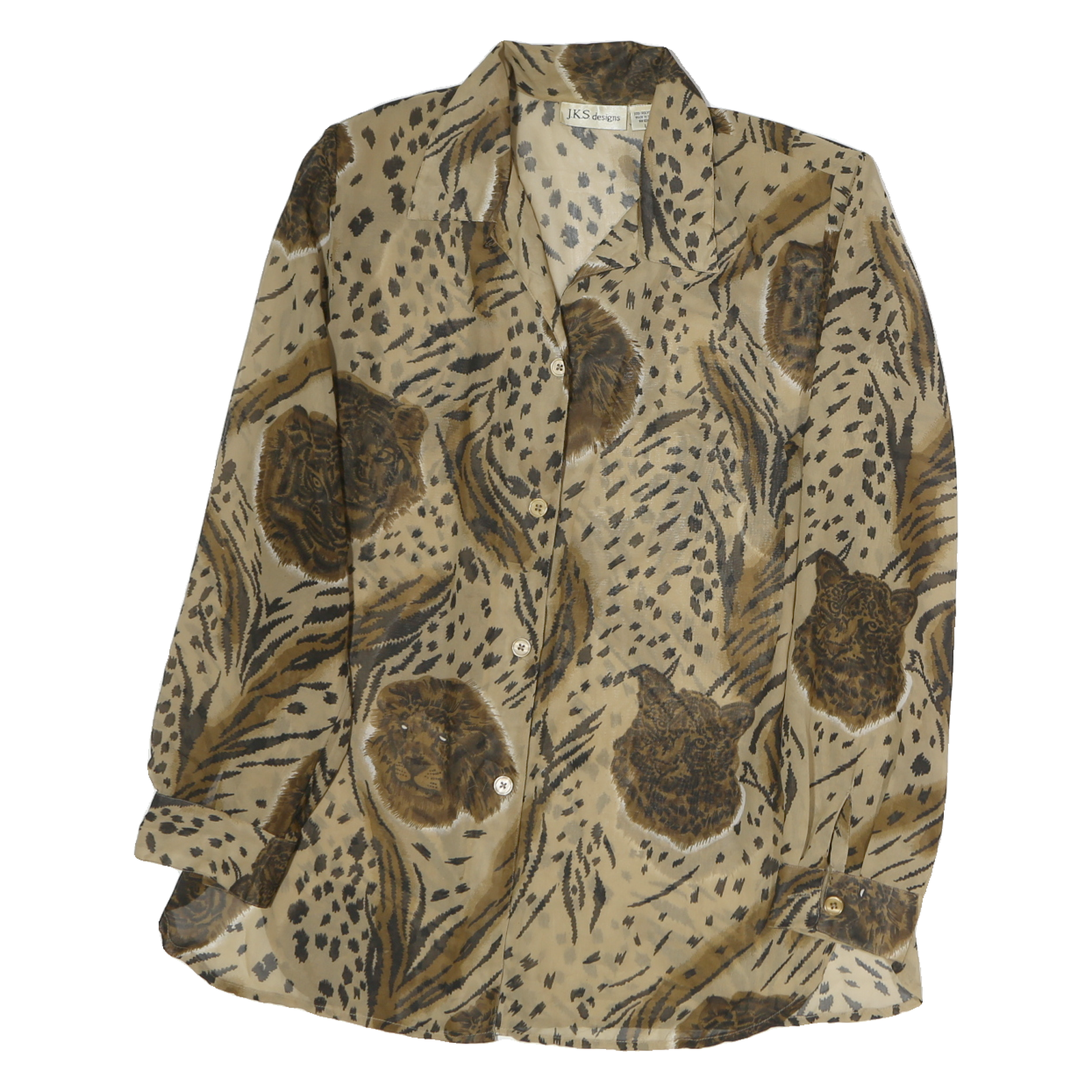 JKS DESIGN Womens Beige Animal Print Long Sleeve Shirt L Polyester Blend Refurbished - N/A refurbished available on Cerqular
