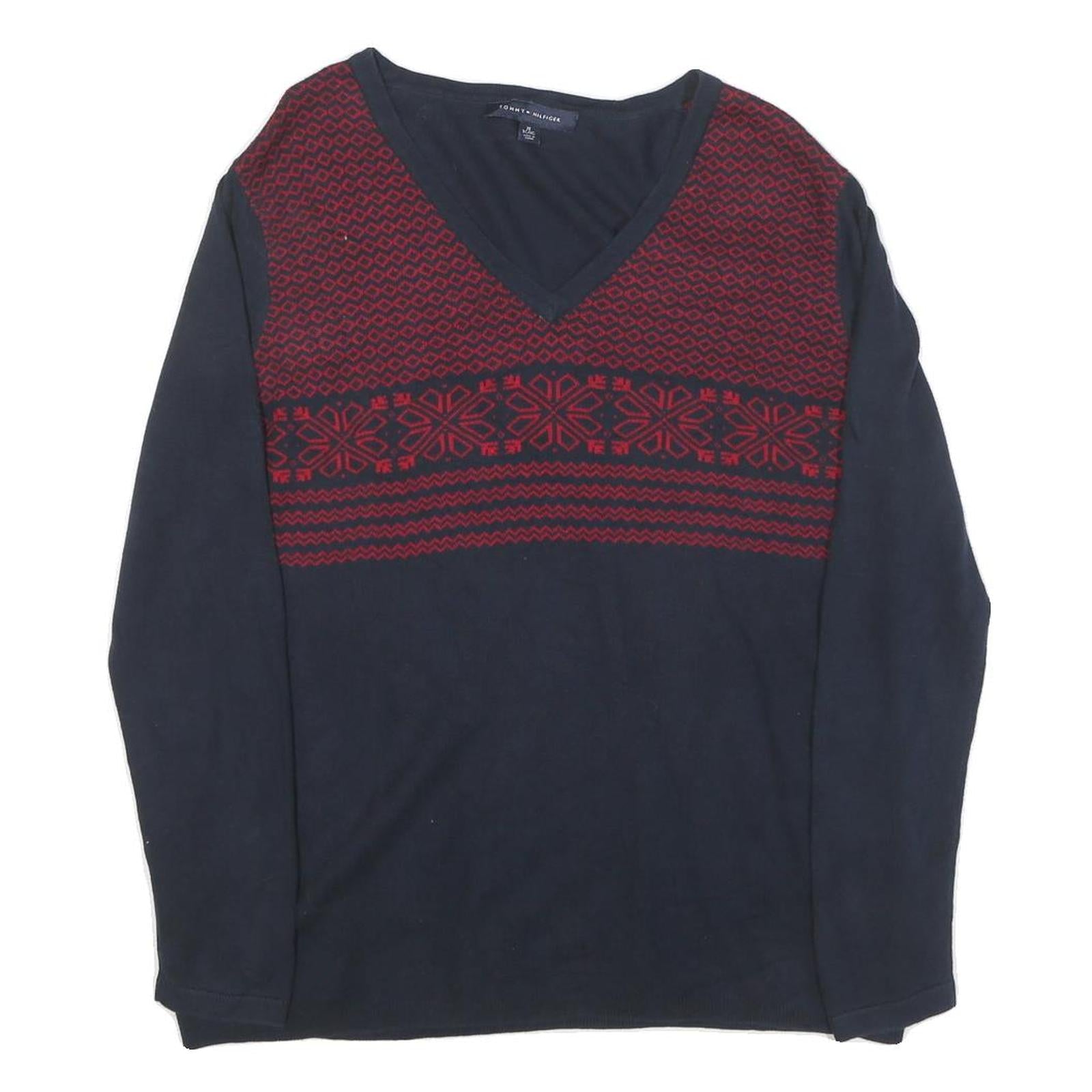 TOMMY HILFIGER Womens Blue & Red Patterned Jumper V-Neck Basic Knit XL Cotton Refurbished - N/A refurbished available on Cerqular
