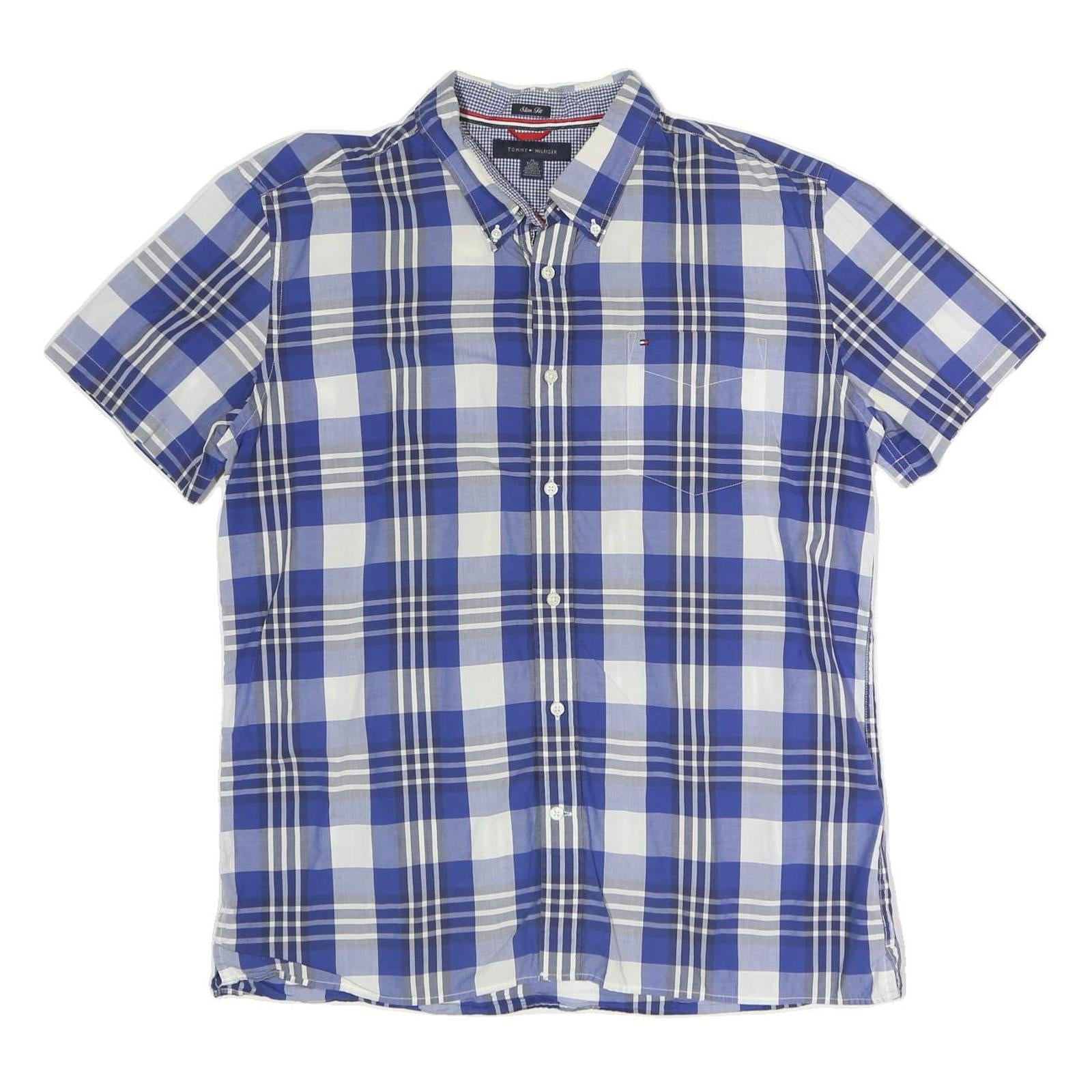TOMMY HILFIGER Mens Blue & White Check Shirt XL Button Short Sleeve Cotton Blend Refurbished - N/A refurbished available on Cerqular