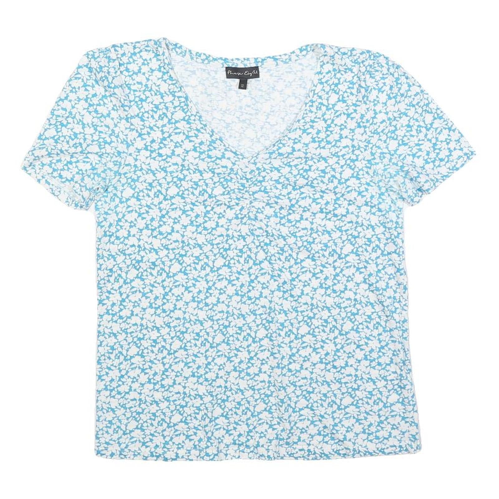 PHASE EIGHT Womens Blue & White Floral Cotton Blend Top Short Sleeve V-Neck UK Refurbished - N/A refurbished available on Cerqular