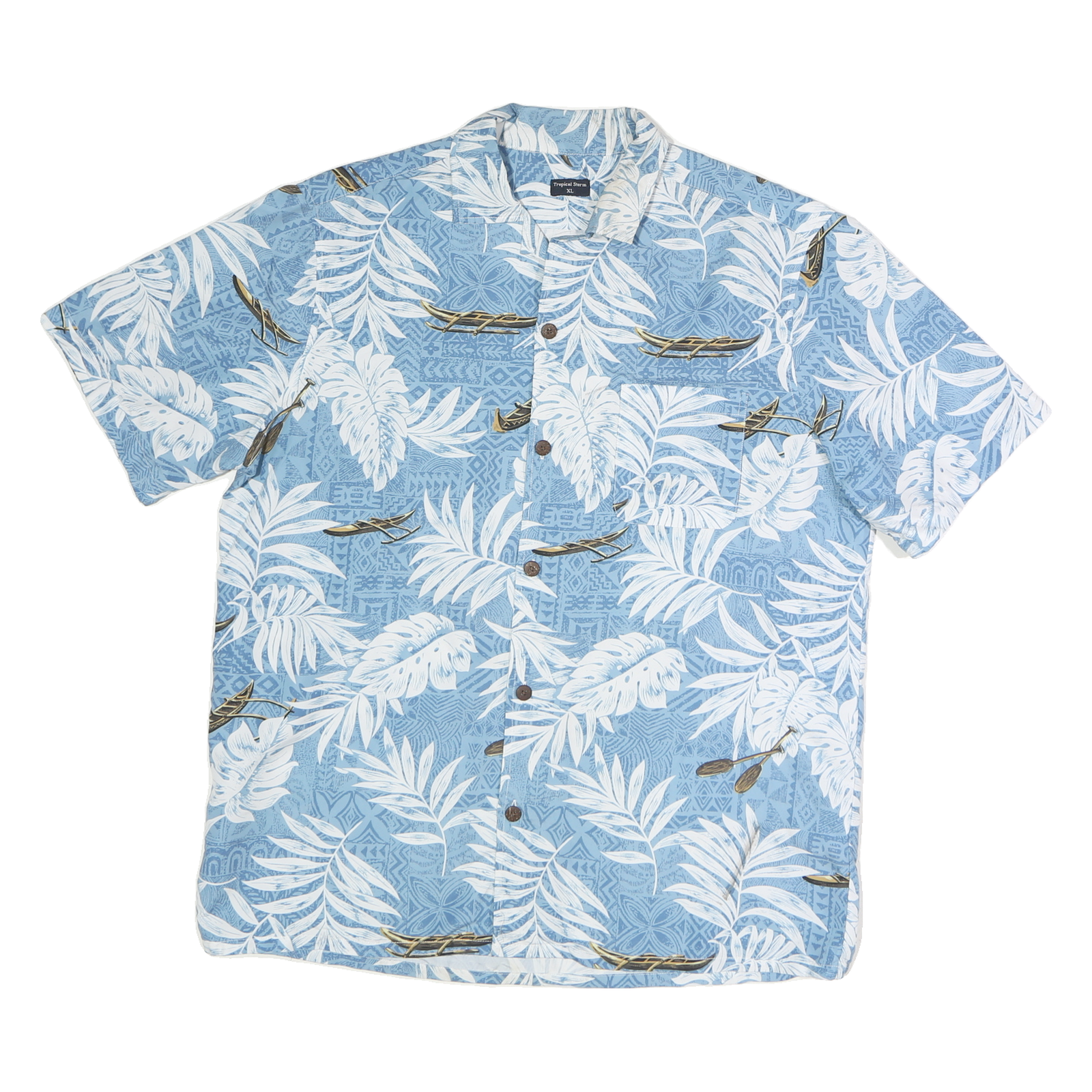 TROPICAL STORM Mens Blue & White Hawaiian Shirt XL Tropical Leaves Cotton Casual Refurbished - N/A refurbished available on Cerqular