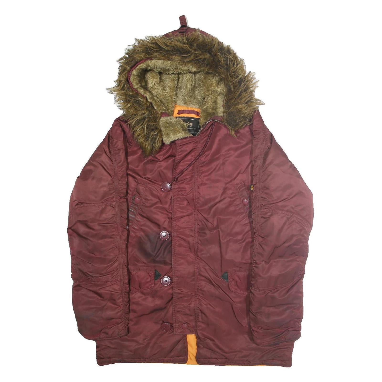 ALPHA INDUSTRIES Mens Maroon Nylon Outdoor Jacket M Fur Hood Zip Shell Warm Refurbished - N/A refurbished available on Cerqular