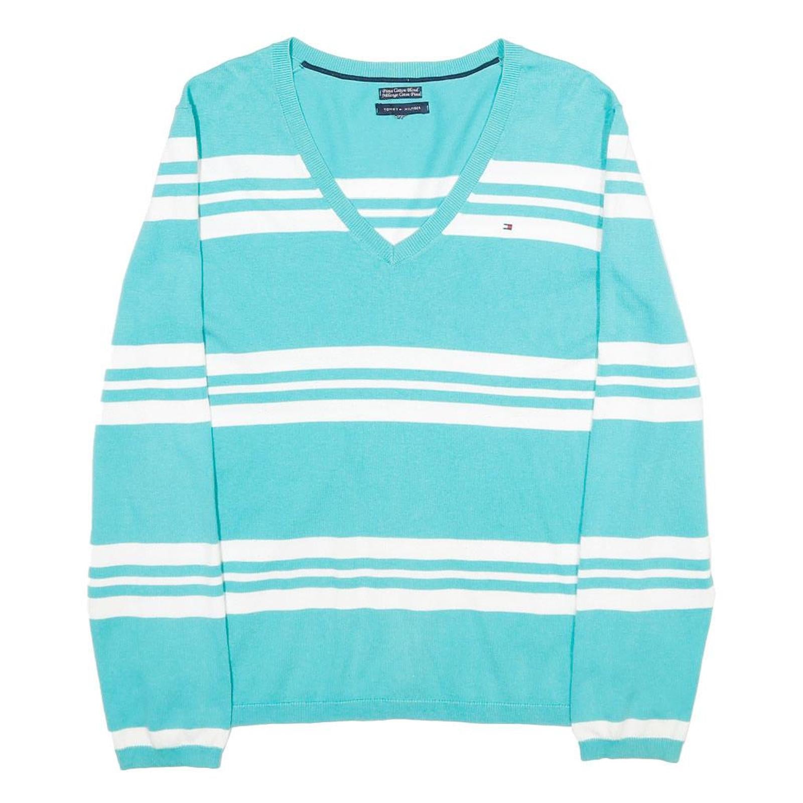 TOMMY HILFIGER Womens Blue & White Patterned V-Neck Basic Knit Jumper L Cotton Refurbished - N/A refurbished available on Cerqular