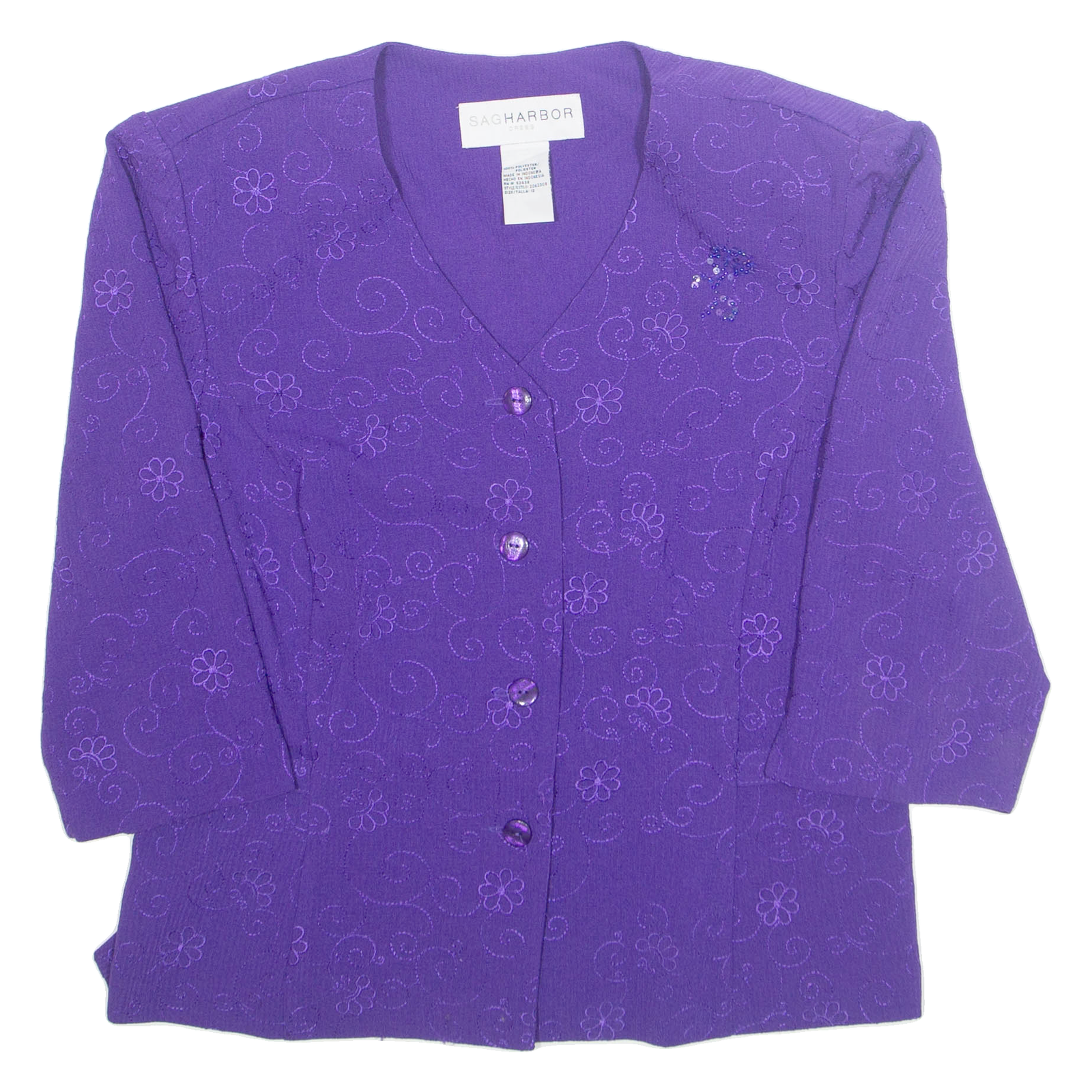 SAG HARBOUR Button Up Womens Printed Blouse Purple V-Neck 3/4 Sleeve Floral M Refurbished - N/A refurbished available on Cerqular