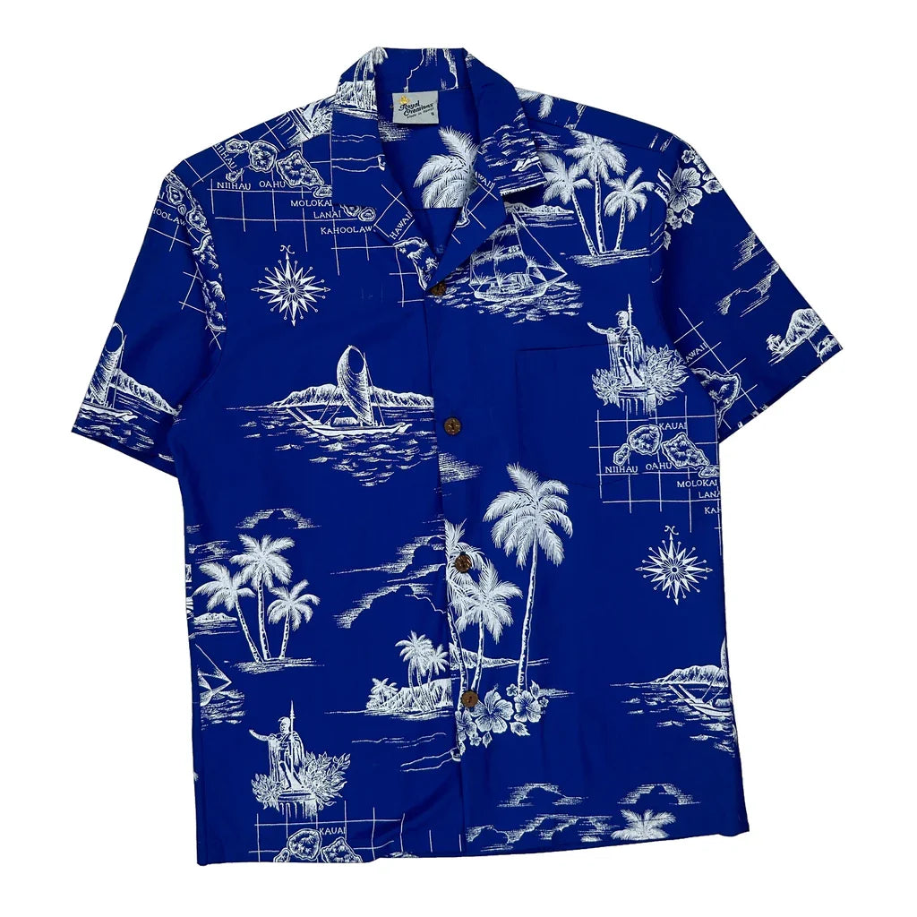 Hawaiian Islands Royal Creations Graphic Hawaiian Shirt - Small Blue Polyester Blend Refurbished - Thrifted (note: this is a term often used to describe second- refurbished available on Cerqular