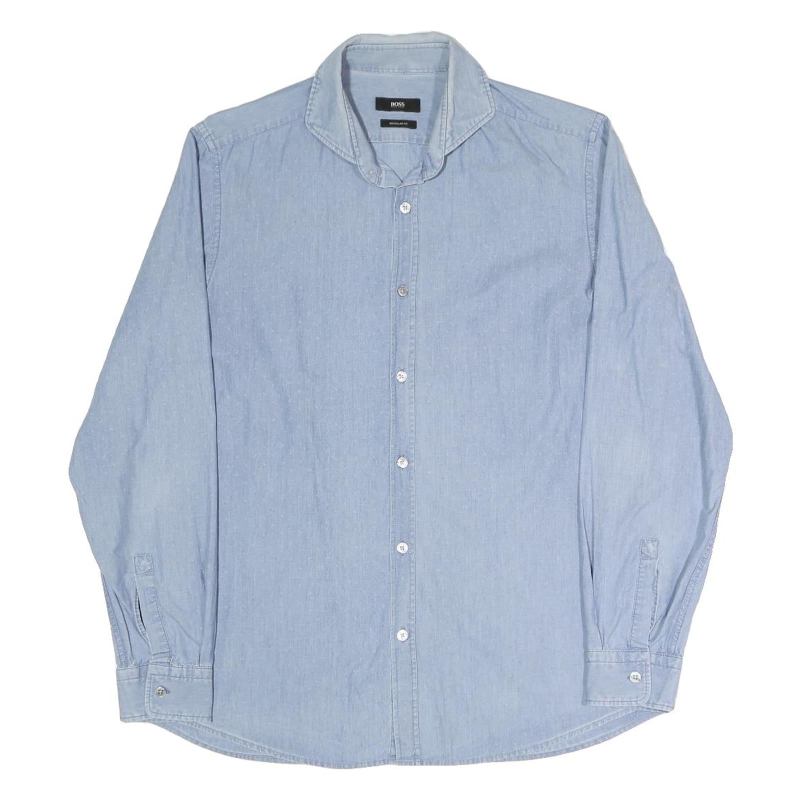 BOSS Mens Blue Plain Shirt M Cotton Blend Classic Button Collar Casual Formal Refurbished - N/A refurbished available on Cerqular
