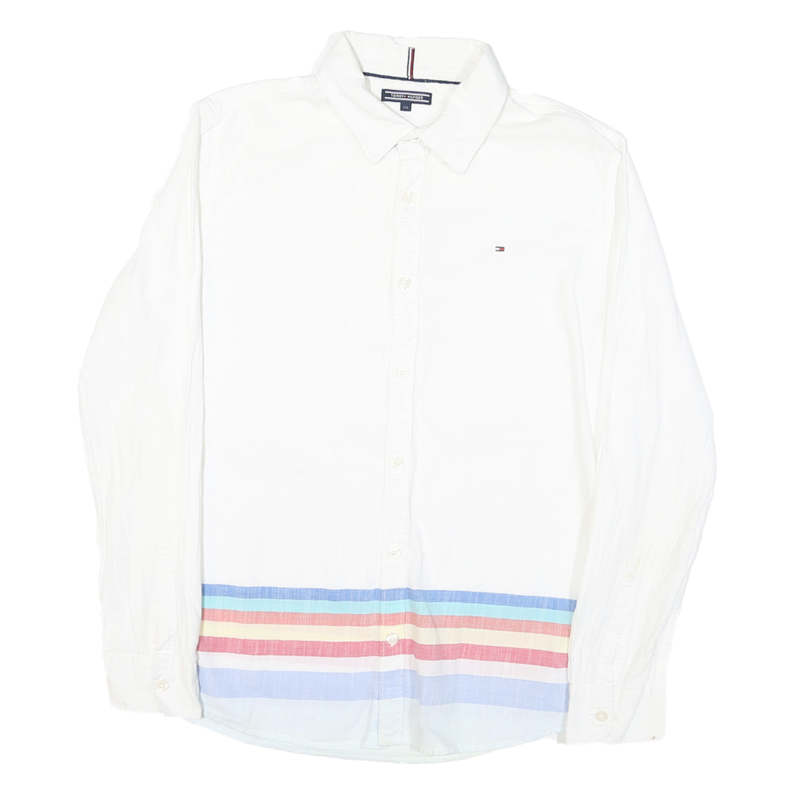 TOMMY HILFIGER Mens White & Blue Cotton Blend Shirt S Logo Casual Stripe Hem Refurbished - N/A refurbished available on Cerqular