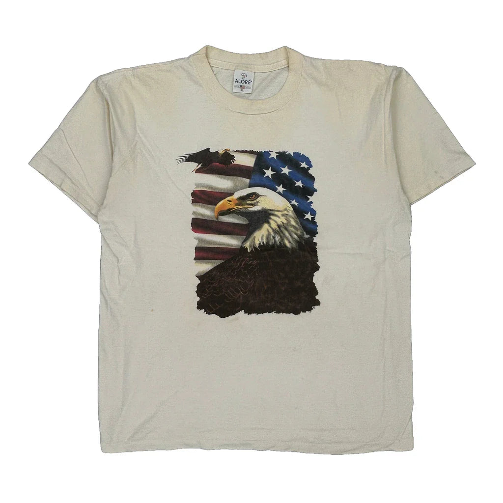 American Flag Alore Single Stitch T-Shirt - XL Cream Cotton Refurbished - Thrifted (note: this is a term often used to describe second- refurbished available on Cerqular