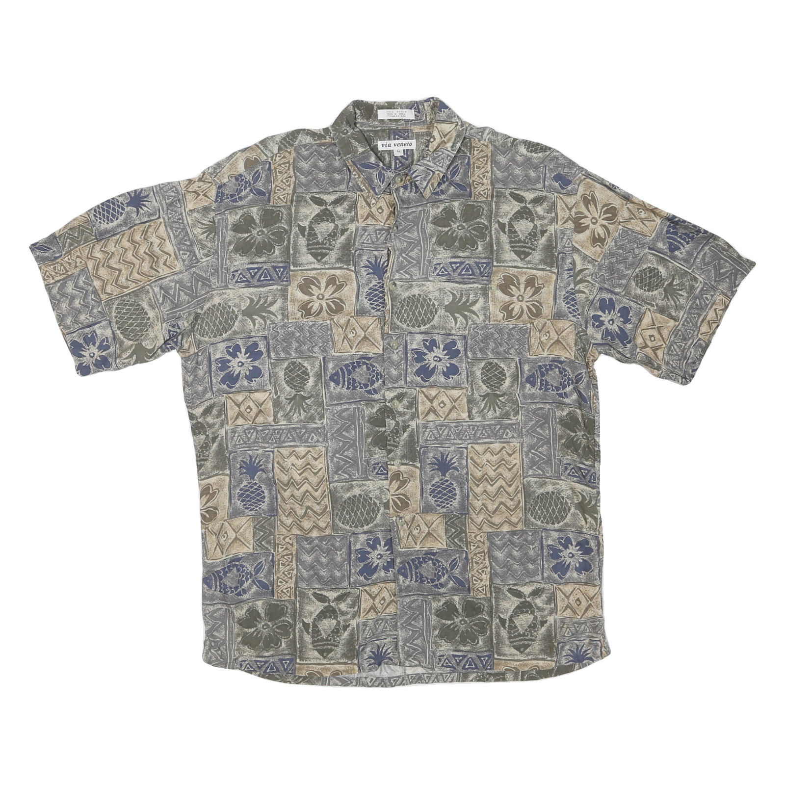 VIA VENETO Mens Beige & Blue Patterned Shirt L Hawaiian Cotton Blend Casual Refurbished - N/A refurbished available on Cerqular