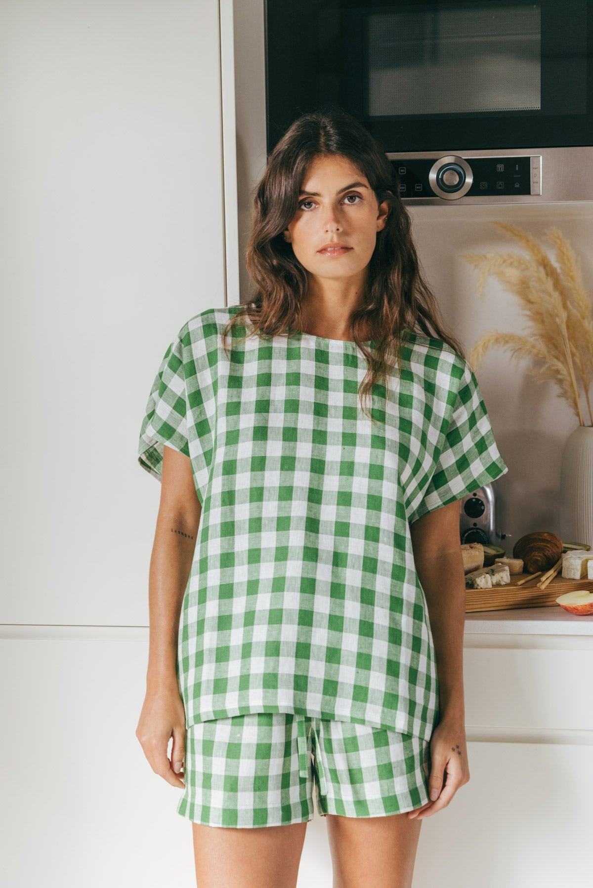 Cloud Nine short sleeve linen pajama set in Green Gingham | Size: L Refurbished - Amour Linen refurbished available on Cerqular